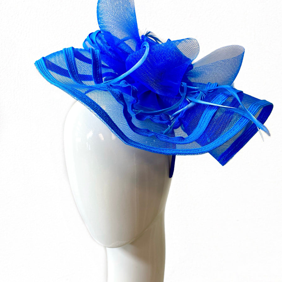 Fascinator Hat- Blue with Frill and Flower Accents