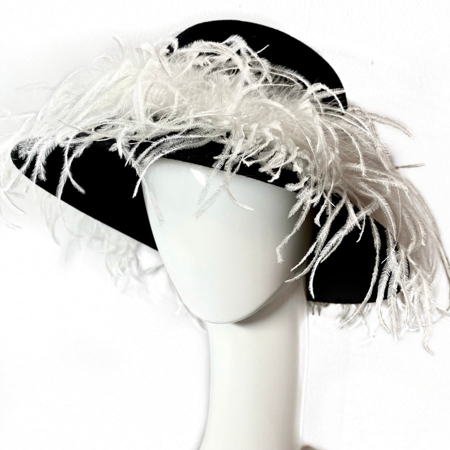 Fancy Hat- Black with White Feather Trim