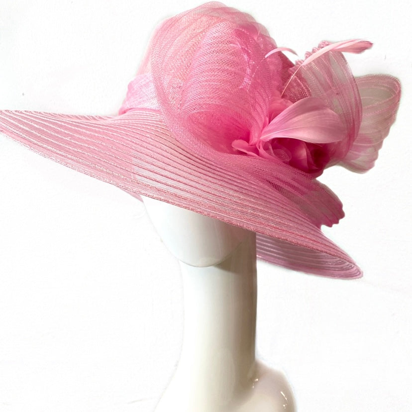 Fancy Hat- Pink with Floral and Feather Accents