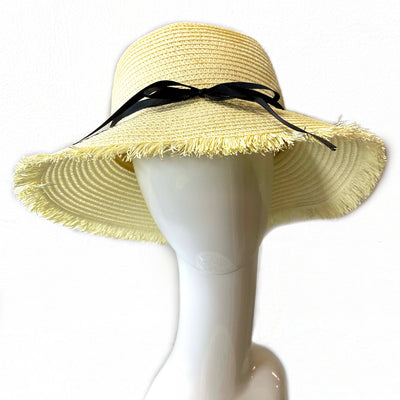 Sun Hat- Beige Woven with Black Ribbon