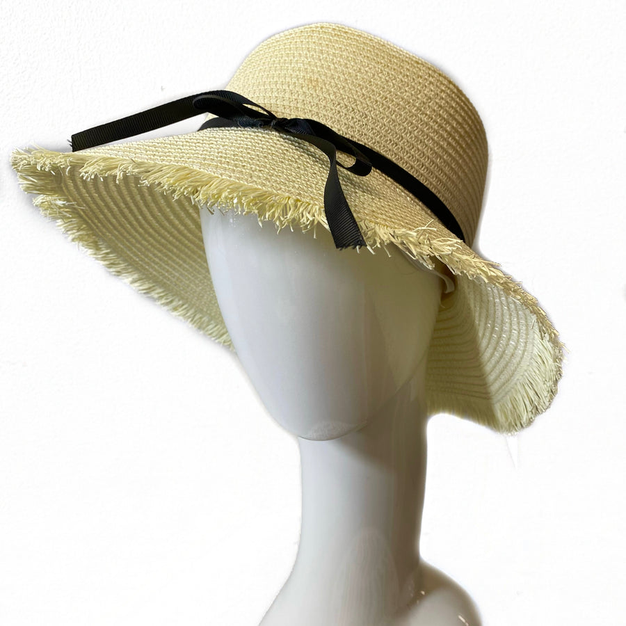Sun Hat- Beige Woven with Black Ribbon