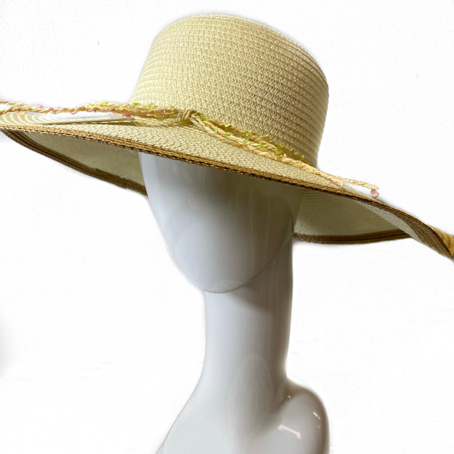 Sun Hat- Beige Woven with Multi-Color Tie