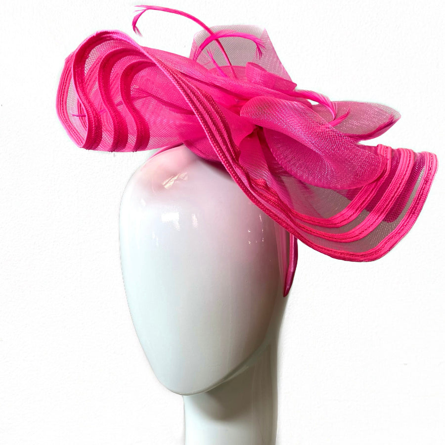 Fascinator Hat- Pink with Frill and Flower Accents